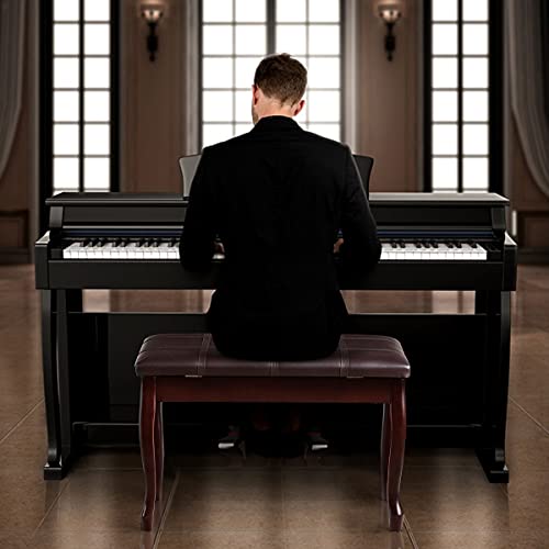 HAPPYGRILL Piano Bench with PU Leather Padded Cushion Comfortable Double Duet Seat Stool with Storage and Solid Wooden Legs