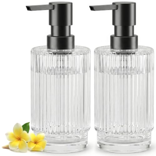 Image of VIMERPA Glass Soap Dispenser with Pump, 2 Pack 10 fl oz Clear Hand Soap Dispensers for Bathroom, Ribbed Style Dish Soap Dispenser for Kitchen, Modern Refillable Liquid Soap Pump Bottle