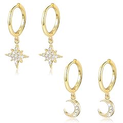 Gold Tone : 1Pairs CZ Star & 1Pairs CZ Moon
