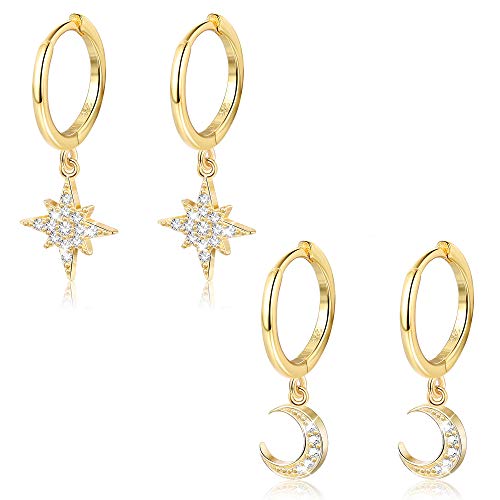 Milacolato 2Pairs 925 Sterling Silver Huggie Hoop Earrings 18K Yellow Gold Plated Small Dangle Earrings with CZ Moon Star Hypaollergenic Drop Hoop Earrings for Women-2 Pairs Gold Moon Star