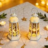 Lanterne Ramadan, NAVESO 2 Pièces Lampe Ramadan, Lanterne Ramadan Decoration, Lanterne Bougie Ramadan pour Ramadan, Mariage, Noel, Decoration de Table, Blanc