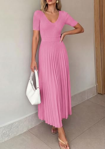 Image of PRETTYGARDEN Women's 2026 Spring Midi Sweater Dresses Elegant Pleated Ribbed Knit Short Sleeve V Neck A Line Summer Outfits