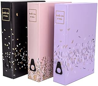 Pukka Pad, Rochelle & Jess A4 Paperboard Box Files for School and Office Document Organisation  Pack of 3 Chic Designs  Lilac, Pink, and Black with Gold Foil Detail and Contrasting Gold Interior