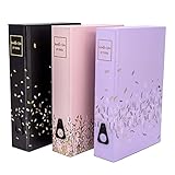 Pukka Pad, Rochelle & Jess A4 Paperboard Box Files for School and Office Document Organisation – Pack of 3 Chic Designs – Lilac, Pink, and Black with Gold Foil Detail and Contrasting Gold Interior