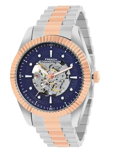 Image of French Connection Emperor Automatic Blue Round Dial Stainless Steel Strap | Casual | Premium | See Through Feature | Brush Feature Wrist Watch for Men - FCA12RTM