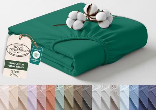 Image of Royale Linens 100% Organic Cotton King Fitted Sheet Only - Percale Weave - Soft Deep Pocket Bottom Sheets - Hunter Green Elastic Sheet - King Size Fitted Sheets Only - (78 inchx80 inch+15 inch, Hunter Green)
