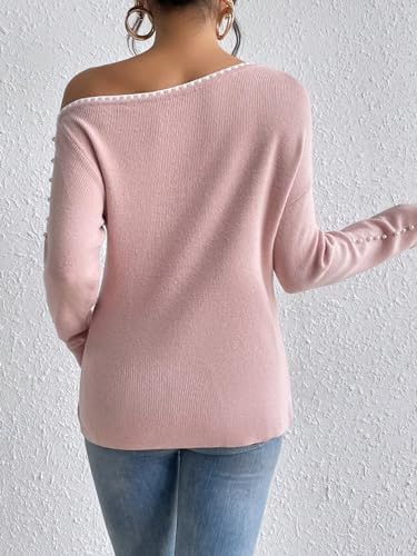 Image of WDIRARA Women's Pearls Beaded One Cold Shoulder Sweater Long Sleeve Asymmetrical Knit Top