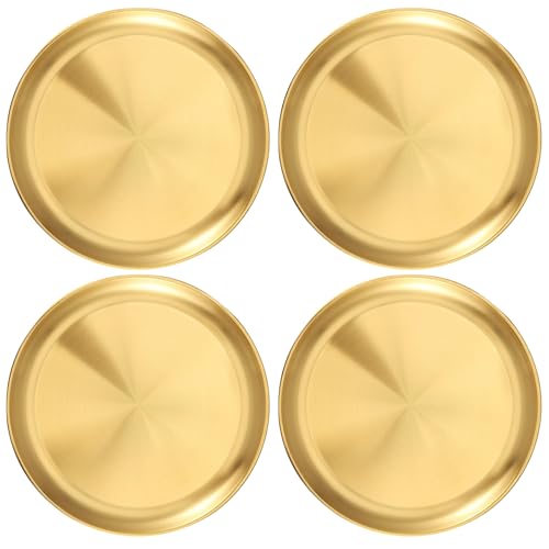 2 platos decorativos dorados, bandeja redonda de acero inoxidable, placa dorada para servir, plato de vela