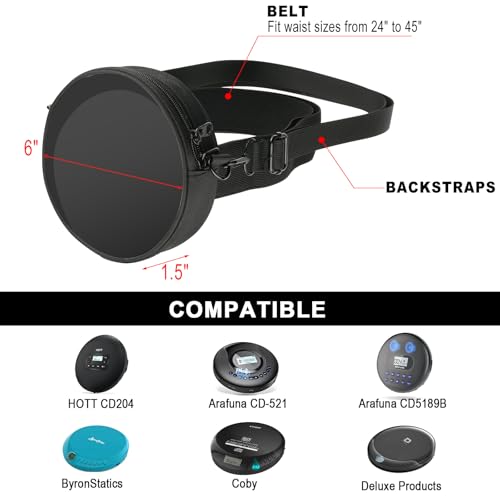 TXEsign CD Player Storage Bag, 6\" Disk Case With Adjustable Shoulder Strap, Waist Band, and Transparent Window