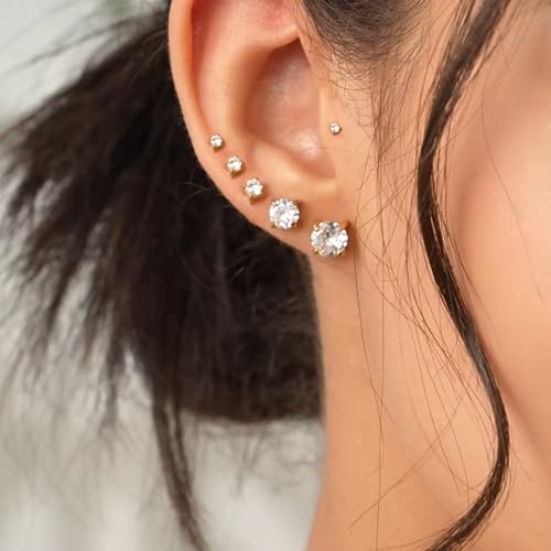6 Pairs Stud Earrings for Women, 14K Gold Plated Hypoallergenic 316L Surgical Stainless Steel Earrings Studs Sets Cubic Zirconia Cartilage Earrings2
