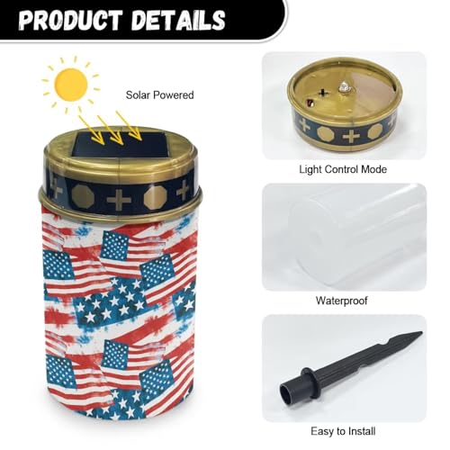 Image of Poceacles American Flag Red White Blue Solar Outdoor Lights Solar Grave Lights Cemetery Candles Decorative LED Automatic Flameless Candle Patriotic USA 250th Anniversary Pattern, 4 Piece