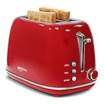 2 Slice Stainless Steel Toaster Retro with 6 Bread Shade Settings, Bagel, Cancel, Defrost Function, Extra Wide Slot, Removable Crumb Tray, Red