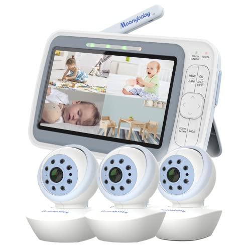 Image of Moonybaby 5" 720p HD Quad Split Screen Baby Monitor with 3 Cameras, Model: QuadView 60, Pan Tilt Zoom, EMF Reduction, ANR (Auto Noise Reduce), Long Range and No WiFi