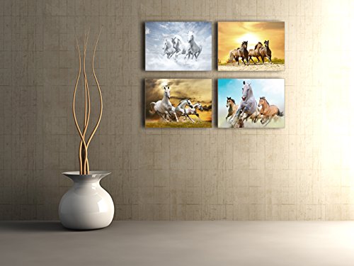 Horse Pictures Painting Canvas Wall Art Decor For Bedroom, Rustic Tan Horses Prints Of Wild Western Steed Running In Sunset (Set Of 4, Waterproof Artwork, 1" Thick Frame, Bracket Fixed Ready To Hang) #TOP4
