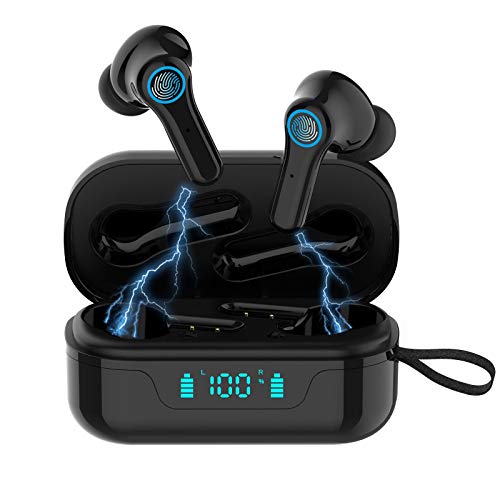 Auriculares Bluetooth 5.1, Estéreo Auriculares IPX7 Impermeable con Caja de Carga Portátil, 30H Playtime, Pantalla LED Emparejamiento Automático, Control Tactil, para iOS/Android