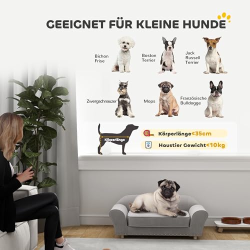 PawHut Hundesofa für kleine Hunde, Hundebett mit abnehmbarem und waschbarem Kissen, Haustiersofa mit Nietendekoration, 10 kg, Grau