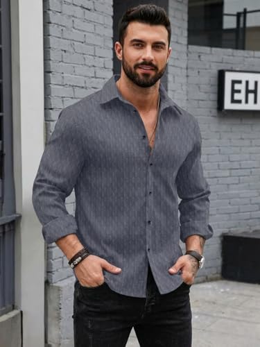 Image of DEELMO Men's Regular Fit Button Down Dress Shirts Textured Long Sleeve Casual Hawaiian Shirt