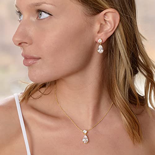 Mariell 14K Gold Plated Cz Teardrop Bridal Necklace And Earring Set For Weddings, Bridesmaids & Prom #TOP1