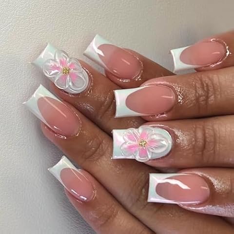 24pcs Pink French False Nails with Glue Cover