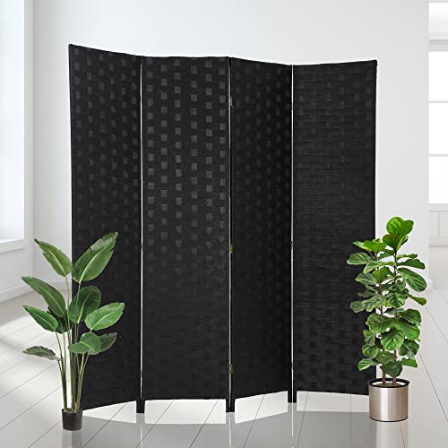 Room Divider,6FT 4 Panels Wall Divider Privacy Screen Wood Mesh Hand-Woven Design Room Screen Divider Indoor Folding Portable Partition Screen (Black)