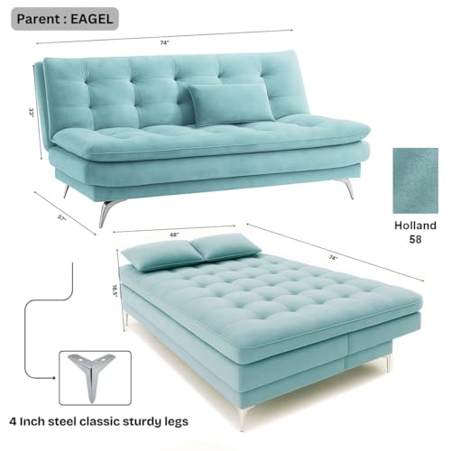 Image of FURNY Eagel 3 Seater Fabric Sofa Cum Bed with 2 Cushions (Sky Blue) with Velvet Fabric | Durable with Comfort | Perfect for Living Room, Bedrooms, Offices