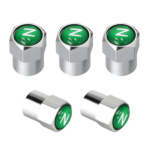 DXNQ 5 PCS Brass Tire Valve Stem Caps, Durable Chrome Plated Brass Tire Valve Stem Caps N2 Nitrogen Sign Logo on The Top, Metal Dustproof Tire Valve Covers with N2 Logo, Car Accessories (Silver+Green)