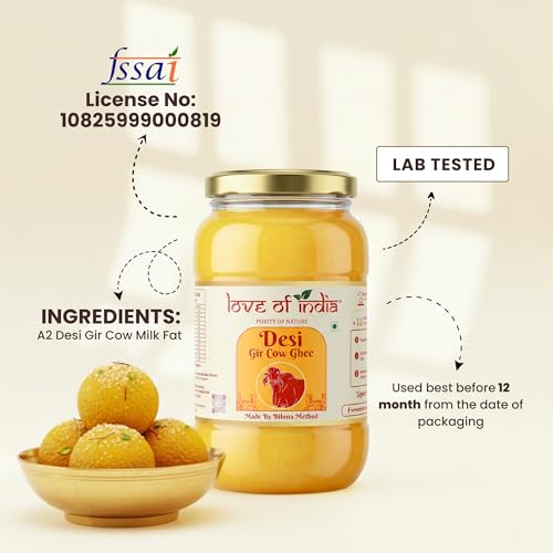 Image of Love of India A2 Ghee 1 Litre | Gir Cow Bilona Ghee | Traditional Curd-Churned A2 Milk | Pure Desi Ghee for Cooking, Tadka, Sweets & Puja