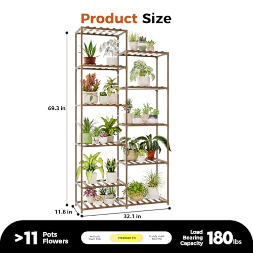 Image of Bamworld Tall Plant Stand with Grow Lights Large Indoor Plant Shelf for Multiple Plants Pots Wood Flower Stand Flower Holder for Living Room, Patio, Balcony, Garden Decor, Brown