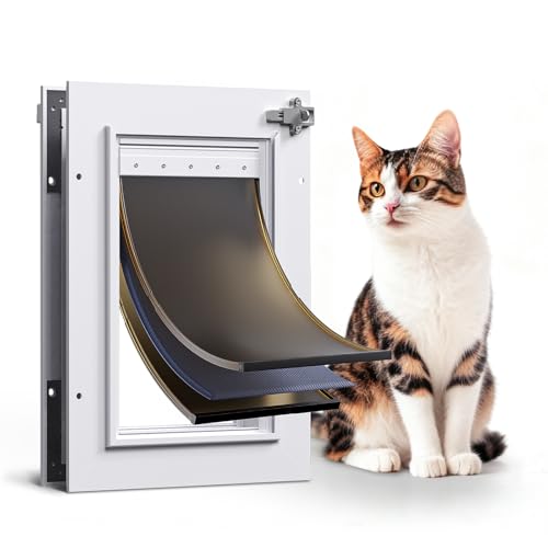 Cat Door Interior Door All Aluminum White 3 Flaps, for Exterior Door Small Cat Dog Doggy Doggie Door, Heavy Duty Pet Door, Insulation Flap, Lockable Closing Panel Telescoping Tunnel, Pets Up to 22lbs