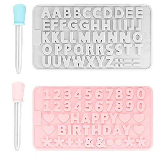 Moule en silicone pour fondant - Chiffres alphabet en forme de chocolat - Symboles joyeux anniversaire - Avec compte-gouttes - Rose, gris bleu Cover