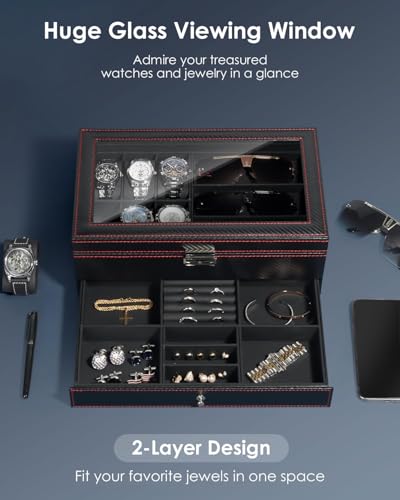 Kukikan Watch Jewelry Box Organizer, 6-Slot 2-Layer Watch Case and Sunglasses Storage with Large Glass Lid, Men\'s Jewelry Box with Lock, Watch Holder Display Case, Valentine\'s Gift for Men Women