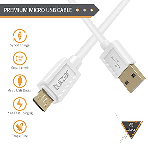 Image of Tukzer Micro Usb 2.4 Ampere Charge & Sync Data Cable For Android Devices, Personal Computer, Smartphone (White, 6.5Ft)