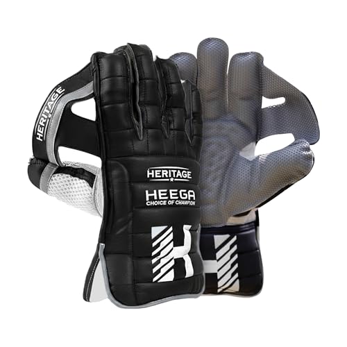 Image of Heega Heritage Leather Cricket Wicket Keeping Gloves for Professional Players | Durable Construction, High-Density Finger Protection, Ergonomic Design for Enhanced Flexibility and Comfort Black Men