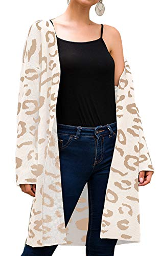 Angashion Women's Long Sleeves Leopard Print Knitting Cardigan Open Front Warm Sweater Outwear Coats 318Beige M