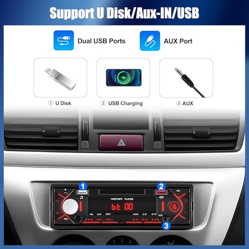 OiLiehu 1Din Autoradio Bluetooth Freisprecheinrichtung 1Din Radio mit FM Radio/LCD-Uhranzeige, MP3 Player unterstützt AUX-Eingang/USB Wiedergabe/Aufladen
