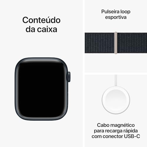 Apple Watch Series 9 GPS • Caixa meia-noite de alumínio – 45 mm • Pulseira loop esportiva meia-noite