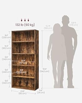 VASAGLE Bookshelf, 23.6 Inches Wide, 5-Tier Open Bookcase with Adjustable Storage Shelves, Floor Standing Unit, Rustic Brown ULBC165X01