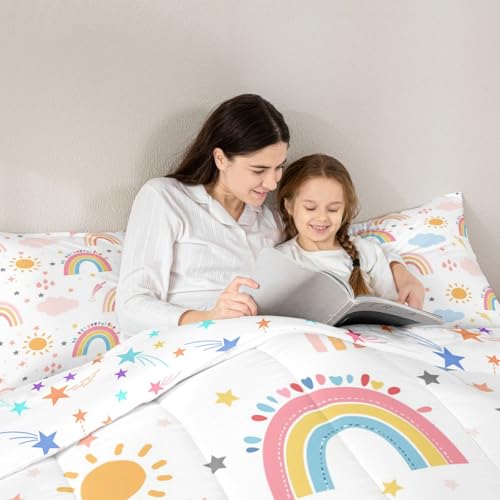 Image of Feelyou Kids Rainbow Comforter Set Full,Cute Boho Rainbow Girls Bedding Set Ultra Soft Sun and Stars Child Toddler Quilt Set Room Decor Lovely Rainbows Reversible Stars Duvet Set,Yellow Pink Blue