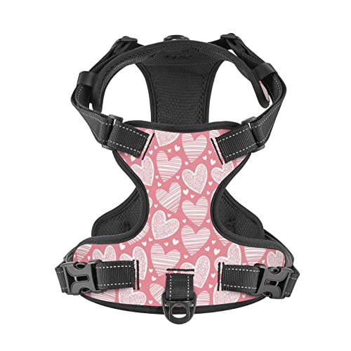 No Pull Dog Harness for X-Large Dogs Easy Walk Dog Vest Adjustable Collars Harnesses & Leashes Set Breathable Oxford Outdoor Walking Safety Reflective Strip Valentines Day Pink Hearts Prints