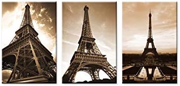 NYC Paris London Eiffel Tower New York City France Europe Big Ben Car Double Decker Red Bus 3 Panel Set Wall Art Decor Canvas Framed Ready to Hang Print Fiberboard (28x20x1