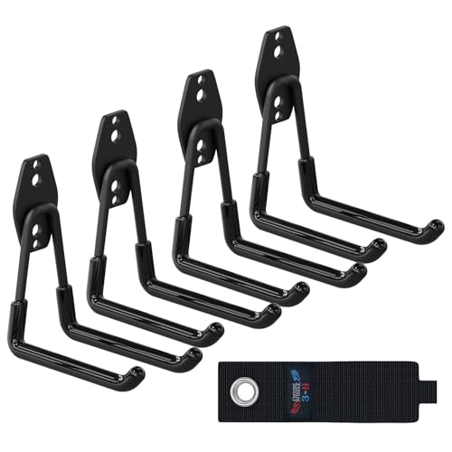 3-H Ganchos de Garaje Resistentes en U, Paquete de 4 Ganchos de Almacenamiento de Garaje de Acero, Soporte de Pared y Organizador de Herramientas, Cuerdas, Cables(negro)