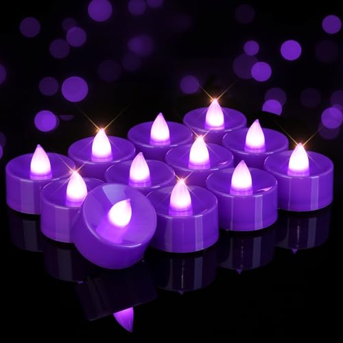 Image of Homemory Purple Tea Lights Candles Battery Operated, Flickering Flameless LED Votive Candles, Warm White Tealights for Halloween, Purple Wedding, Masquerade Party, Gothic Decor, Witchy Party, 12-Pack