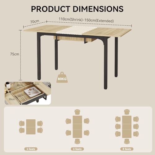 ARTETHYS Dining Table, 110-150cm Extendable Dining Table with Hidden Storage for 4-6 People, Large Kitchen Dinner Table with Metal Legs for Restaurant Home, Oak - Image 3