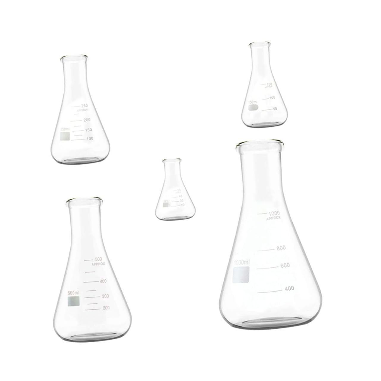 PartyKindom 5piezas Erlenmeyer De Vidrio Borosilicato Con Cuello Frascos Conical Triangular Para Laboratorio