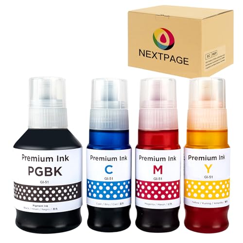 NEXTPAGE GI51 GI-51 Ink Compatible with Canon Pixma GI 51 Ink Bottle for Pixma G1520 G1530 G2520 G2560 G2570 G3520 G3560 G3570 G3571 G3572 G4570 Printer Black Cyan Magenta Yellow (4 Pack)