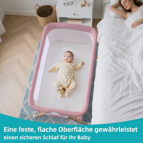 Beistellbett Baby, Tragbar kinderbett mit Matratze für Baby Bett mit Rollen, Kinderreisebett Moskitonetz Aufbewahrung für Säugling Neugeborenes Leichtes und atmungsaktives Maschen-Design Rosa