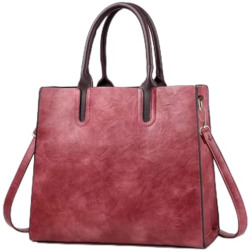 Image of Fashion Tote Handbags for Women Lightweight PU Leather Satchel Shoulder Crossbody Handbag Bags Waterproof Hobo Bag Retro Oil Wax Handle Satchel Purse Middle Size Multi Compartment Deep Red