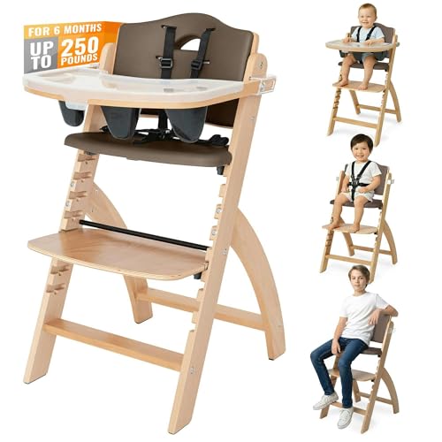 Image of Abiie Beyond Junior Wooden High Chair with Tray - Adjustable and Convertible High Chair for Babies and Toddlers - 6 Months to 250 Lb - Water Resistant - Natural Wood with Shiitake Cushion