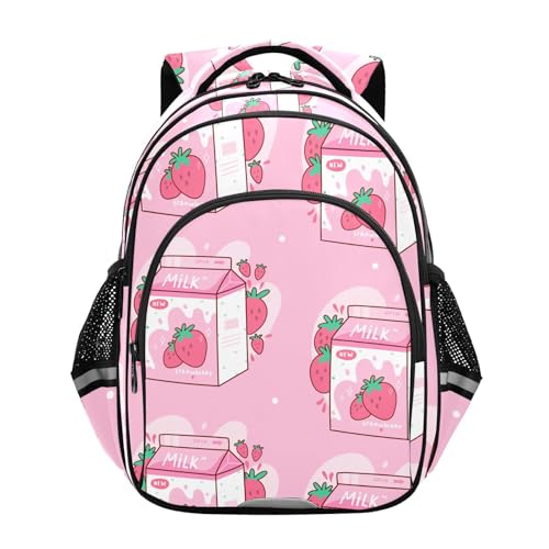 Carton Strawberry Milk Backpack for Kids Elementary School Bag Boys Girls Bookbag Travel Backpack Daypack