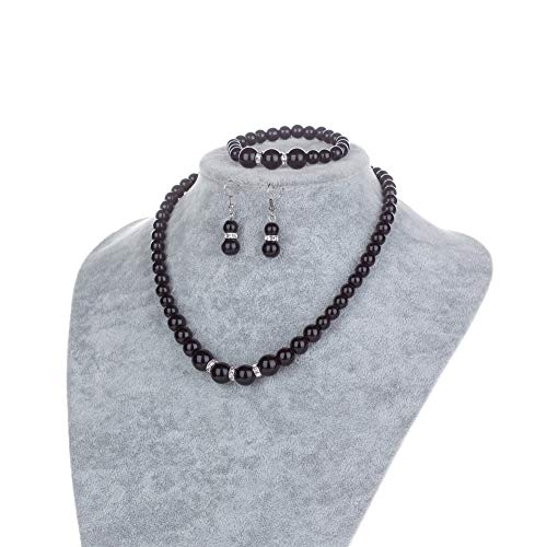 Faux Pearl Necklace Earring and Bracelet Black Costume Jewelry Set for Women3
